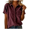 thumbnail image 2 of Feancey Corduroy Shirts for Women Short Sleeve Collared Button Down Blouses Oversized Boyfriend Tops Lightweight Casual Shackets with Pocket Wine XL, 2 of 6