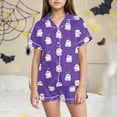 thumbnail image 2 of CAUYDY Pumpkin Ghost Pajamas For Girl Boy Halloween Short Sleeve Shorts Silk Pj Sets Kids Halloween Lounge Sleepwear(Purple,2-3 Y), 2 of 5