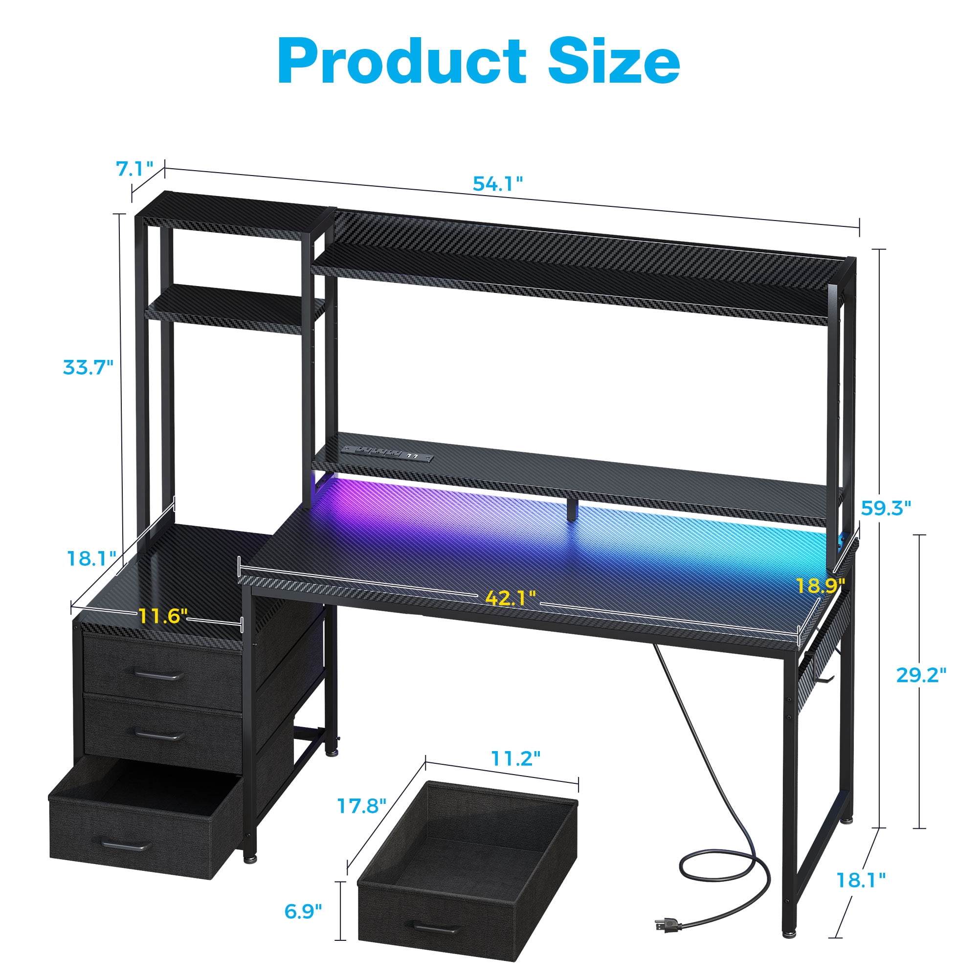 Casacomoda 55 inch Gaming Desk with LED Lights & Power Outlets, Home Office Desk with Reversible Storage Drawers & Monitor Shelves, Carbon Fiber  Black