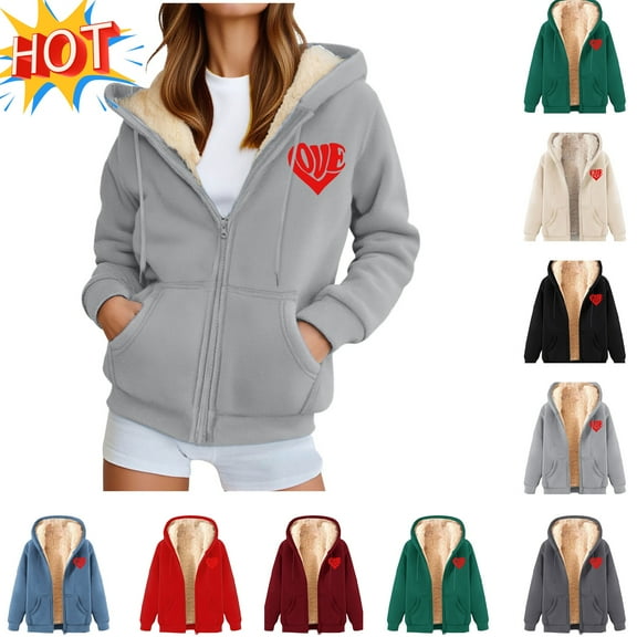 Vibrex Women's Sherpa Lined Hoodies Full Zip up Fleece Sweatshirts Fall Winter Warm Jacket with Pockets Gray_M