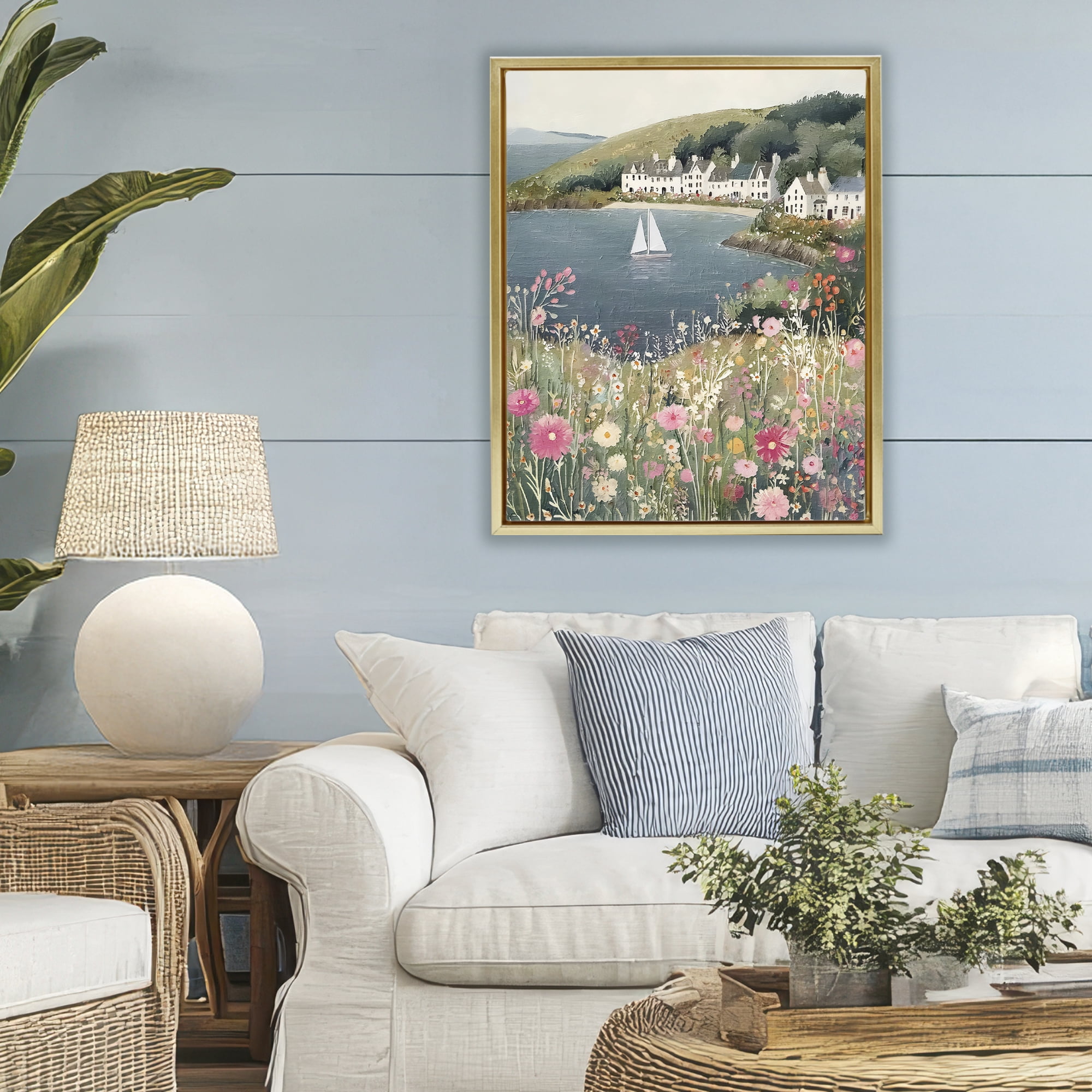 Stupell Industries Clifftop Meadow & Sailboat Gold Framed Floater Canvas Wall Art, design by Riley B