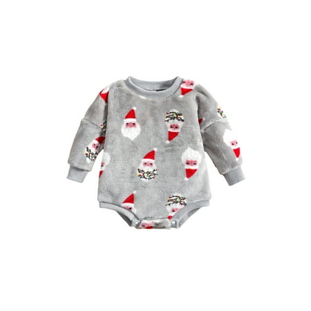 

Newborn Baby Girls Boys Christmas Romper Infant Santa Print Round Neck Long Sleeve Flannel Fall Winter Bodysuits