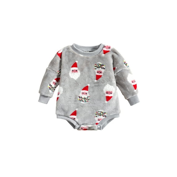 Qiylii Baby Girls Boys Christmas Velvet Romper Infant Santa Print Round Neck Long Sleeve Flannel Jumpsuits Autumn Winter Bodysuits,3-24M