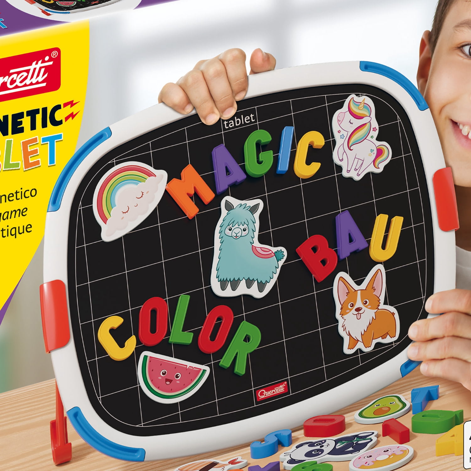 Quercetti: Magnetic Tablet - Double-Sided Magnet-White Board, Letters-Animals-Food Themed Magnets, Spelling Learning Tool, Educational Toy, Kids 4+