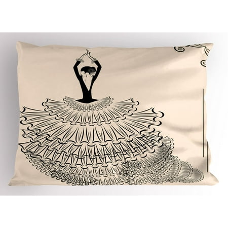Spanish Pillow Sham, Back View of A Flamenco Performer Woman in Classic Historical Costume Pattern, Decorative Standard Size Printed Pillowcase, 26 X 20 Inches, Black Egghshell, by Ambesonne