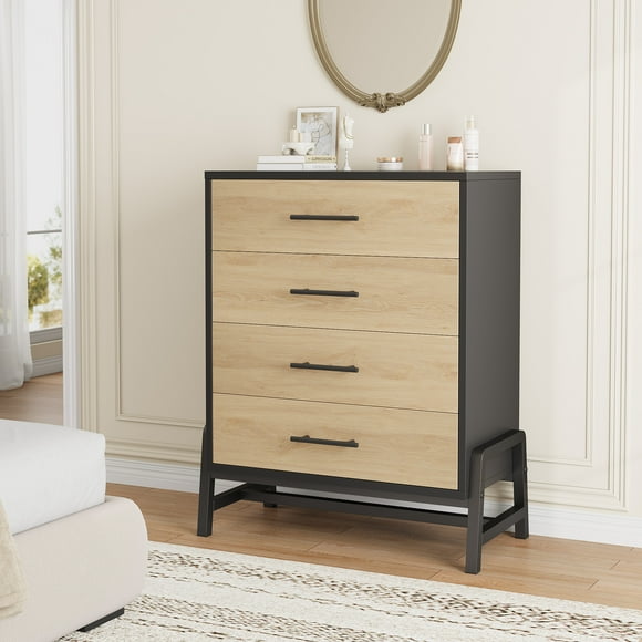 Commode à 4 Tiroirs pour Chambre à Coucher, Commode Moderne avec Poignées en Métal, Coffre de Rangement en Bois pour Garde-Robe pour Salon Couloir Entrée