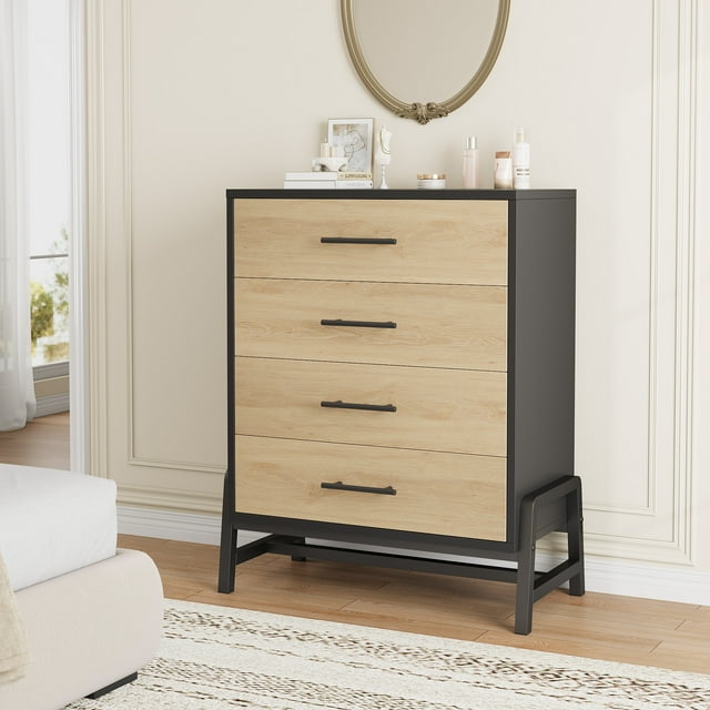 Commode à 4 Tiroirs pour Chambre à Coucher, Commode Moderne avec Poignées en Métal, Coffre de Rangement en Bois pour Garde-Robe pour Salon Couloir Entrée