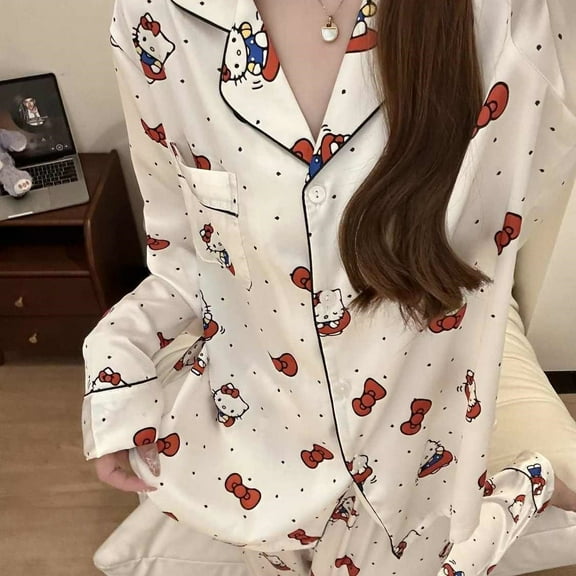 Women's Hello Kitty Pajama Set,Cute Cartoon Printed Long Sleeve Button-Down Sleepwear,Soft Cozy Lounge Set