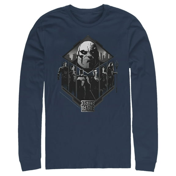 Men's Zack Snyder Justice League Darkseid Group Shot Long Sleeve Shirt Navy Blue Small