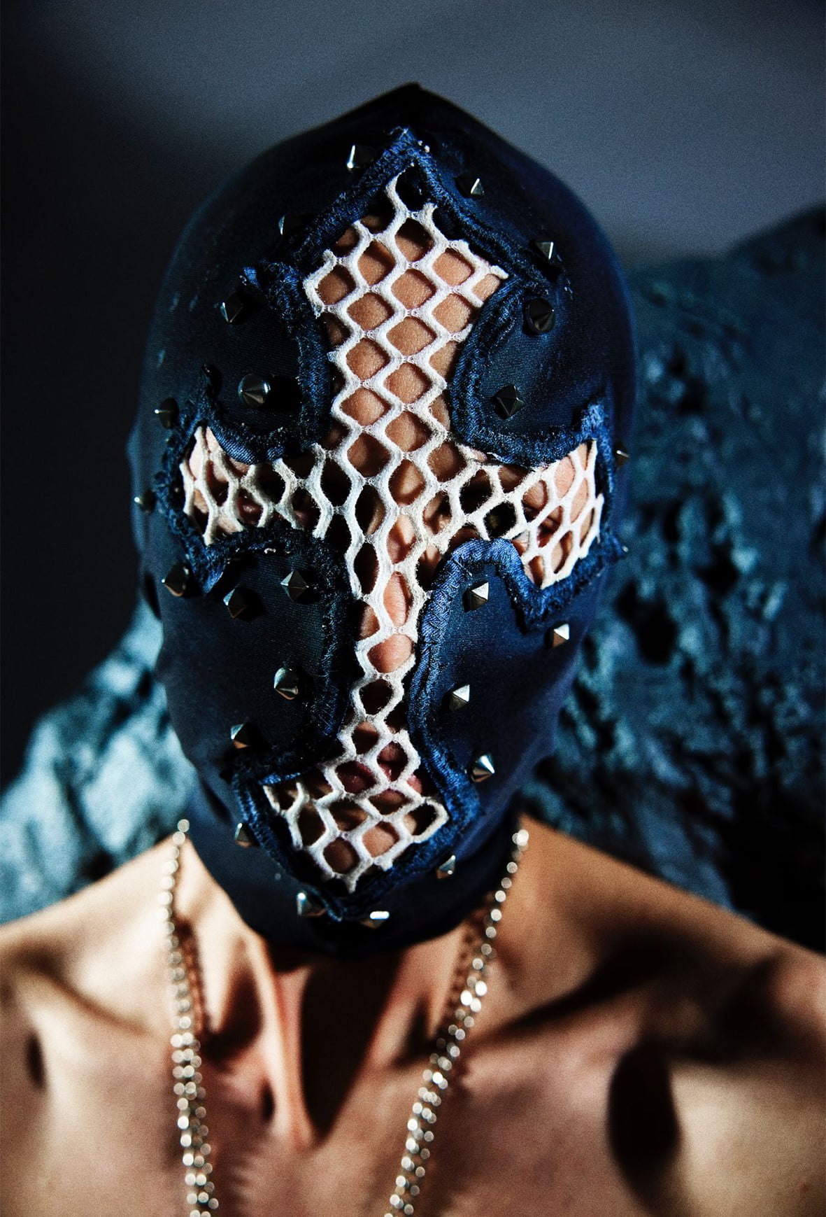 Bold Black Ski Mask and Balaclava  Featuring Central Cross Symbol and Metal Stud Details for Motorcycle, Snow, Skiing, and Nightclub Use