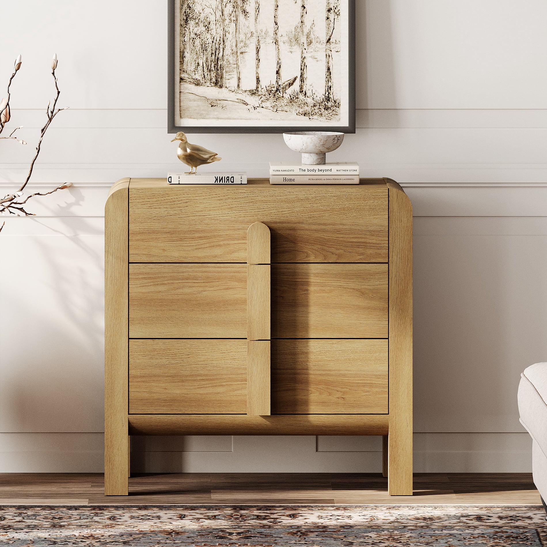 Modern Wood 3-Drawer Dresser with Curved Profile Design, Mid Century Dresser Organizer Storage for Bedroom,Living room, Entryway
