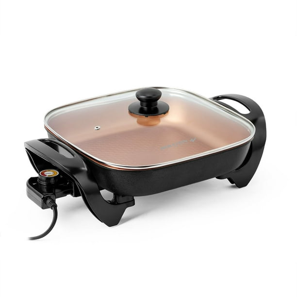 Holstein Housewares - Sartén eléctrica de 12 pulgadas, sartén eléctrica de 1400 W con control de temperatura ajustable, revestimiento antiadherente sin PFOA, asas de tacto fresco, cocina multifunción