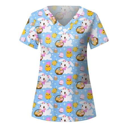 

Easter Scrub Top for Women Floral Nurse Uniform V Neck Working Uniform Medical Bunny Pattern Shirt 2 Pockets Workwear