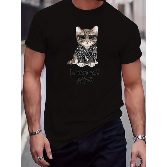 Men'S Plus Size Casual T-Shirt with Cat Print, Crew Neck, Polyester 95% Spandex 5%, Medium Stretch, Regular Fit, Knit Fabric, 180g/m² - Spring/Summer/Fall Fashion