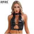 thumbnail image 2 of Top corto sin mangas para mujer, con hebilla ajustable en el escote, dobladillo con ojales, encaje, camisetas sin mangas, estilo gótico punk, 2 of 5