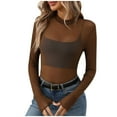thumbnail image 2 of Tawop Women Shirts Womens Tee Shirts Round Neck Long Sleeve High Neck Solid Mesh Perspective Brown L, 2 of 7