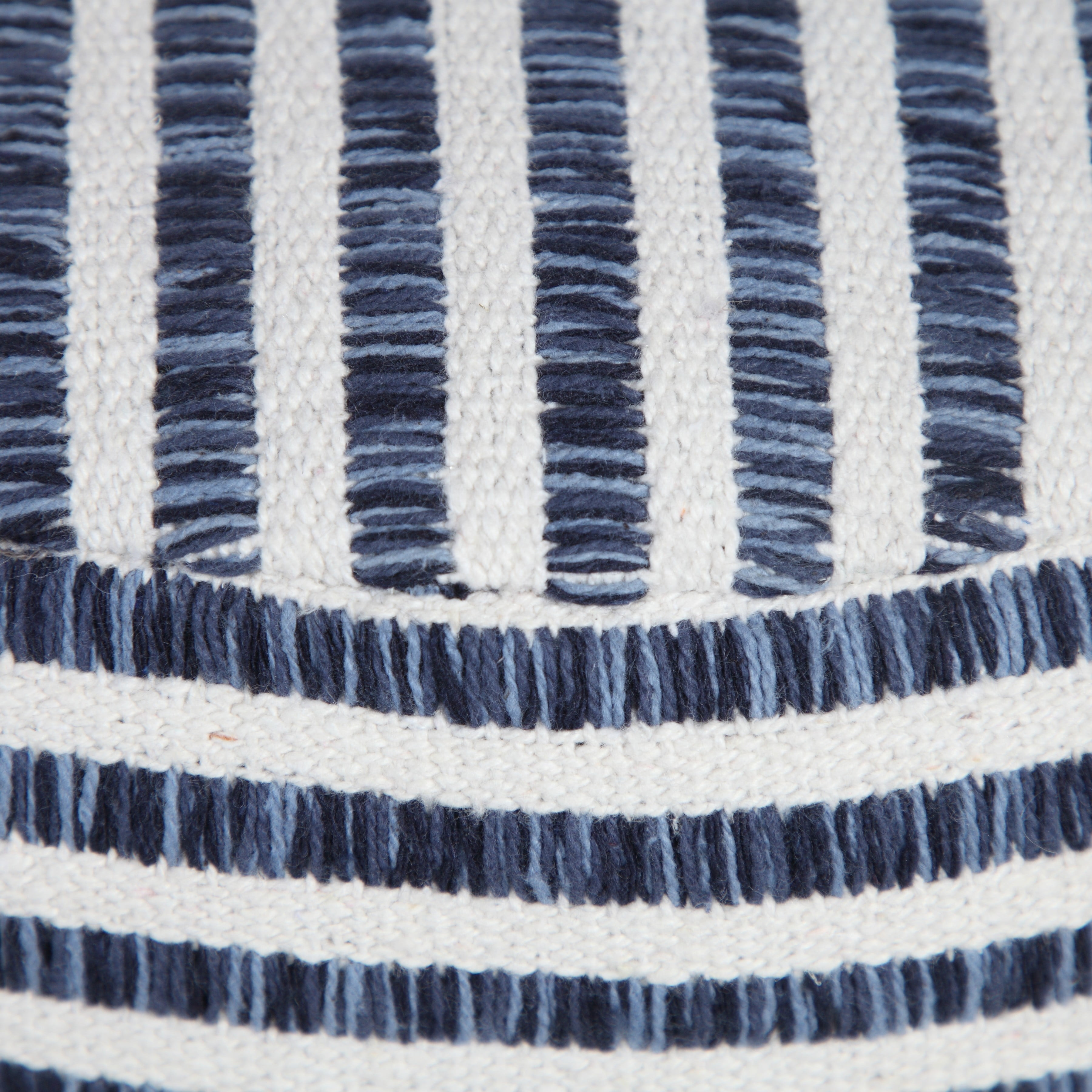 LR Home Oakley Round Blue/White Striped Indoor Small Pouf Ottoman, 14" H x 18" W