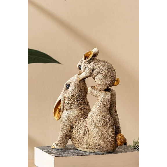 WINNKRAFT Resin Rabbit & Bunny Sculpture, 10 in, Gold, Off-White
