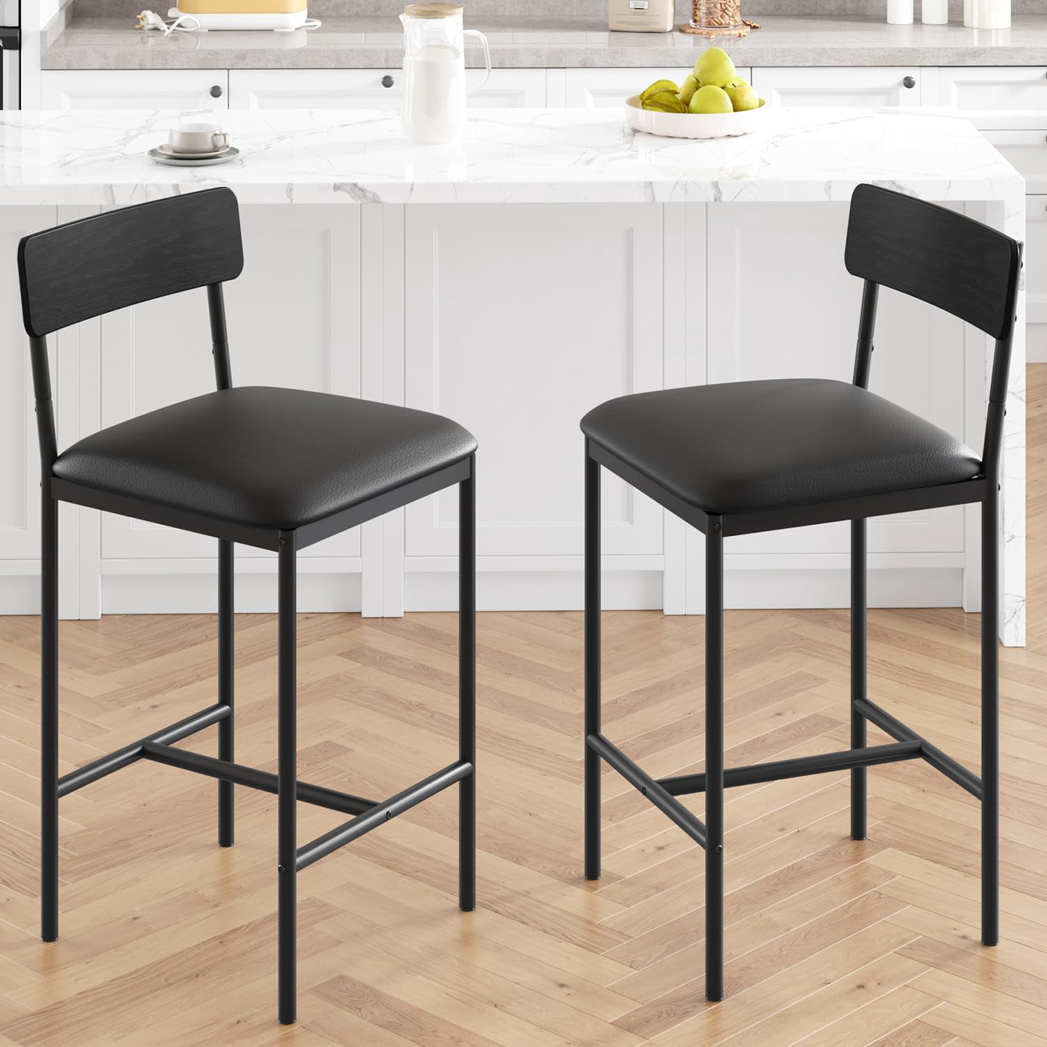 Bar Stools Set of 2,Kitchen Bar Stools with Footrest,25.5 Inches Upholstered Bar Chairs with Back,Counter Height Barstools for Counter Bar,Island,Easy Assembly