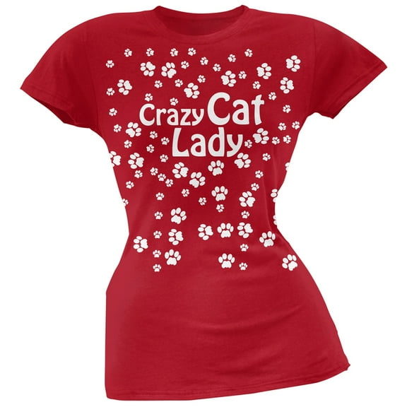 Crazy Cat Lady Paw Prints Red Soft Juniors T-Shirt - 2X-Large