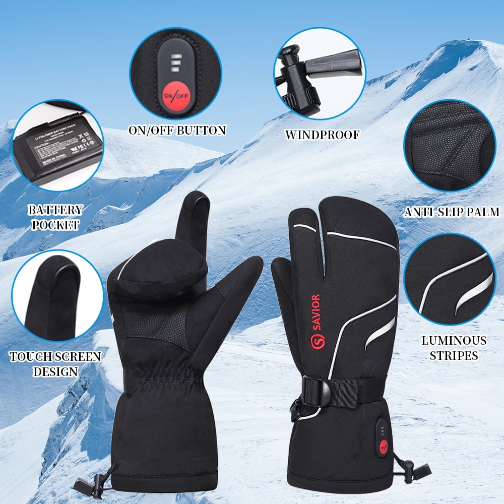 Savior Heat Heated Gloves For Men Women 3-Finger Ski Mitten 7.4V Rechareable Battery Gloves Snow Ski Gloves, Heated Warm Gloves for Winter Outdoor Sports