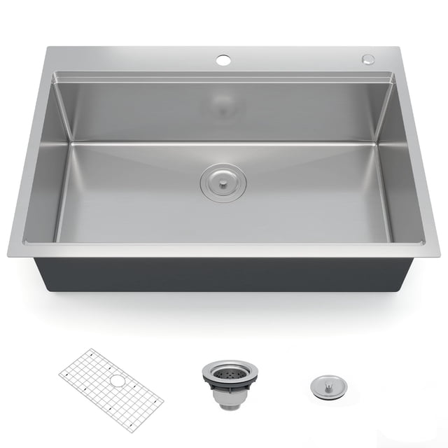 QinaQin 304 Stainless Steel Built-In Kitchen Sink, 1.35 Mm Thick, Hand-Welded, Brushed Finish. Comes with a Bamboo Cutting Board, Drain Rack, Drain Pan, and Base