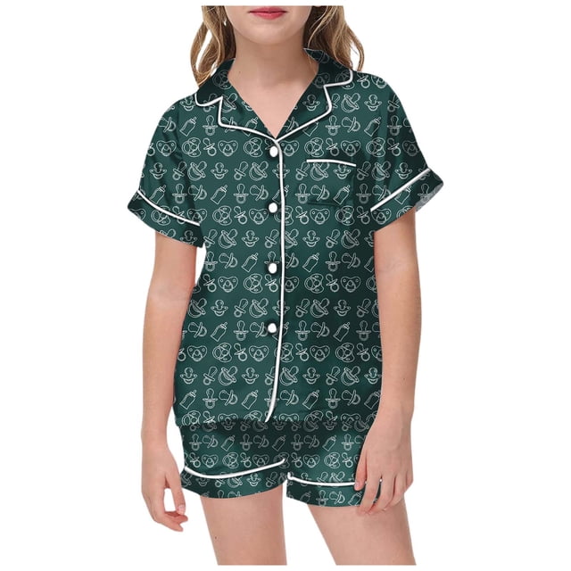 2PC Girls Outfits Cartoon Print Short Sleeve Lapel Button Down Pajama Tops and Shorts Girl's Classic Fit Clothes Set 6-7 T