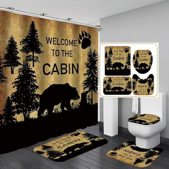 4PCS/SET Rustic Cabin Shower Curtain set Foggy Woodland Deer Elk Moose Black Bear Mallard Duck Wildlife Lodge Country Farmhouse Bathroom Decor, Non-slip Bath Rugs, Camping Fishing Hunting