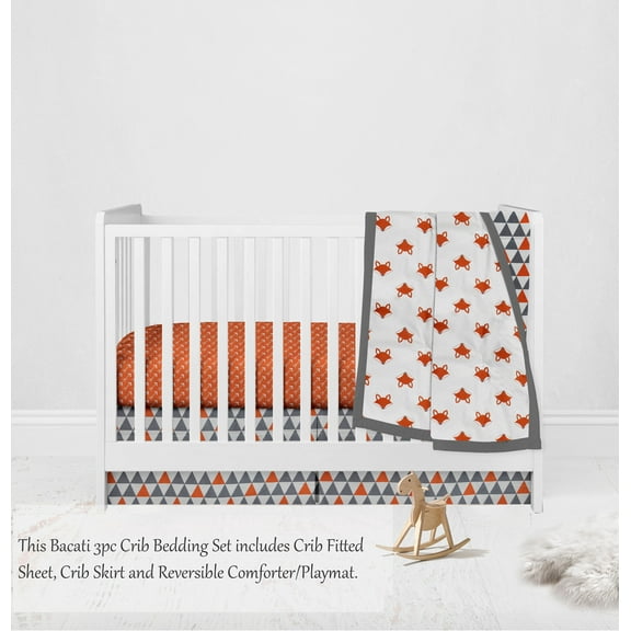 Bacati - Playful Fox 3-Piece Crib Bedding Set - Orange/Grey Unisex