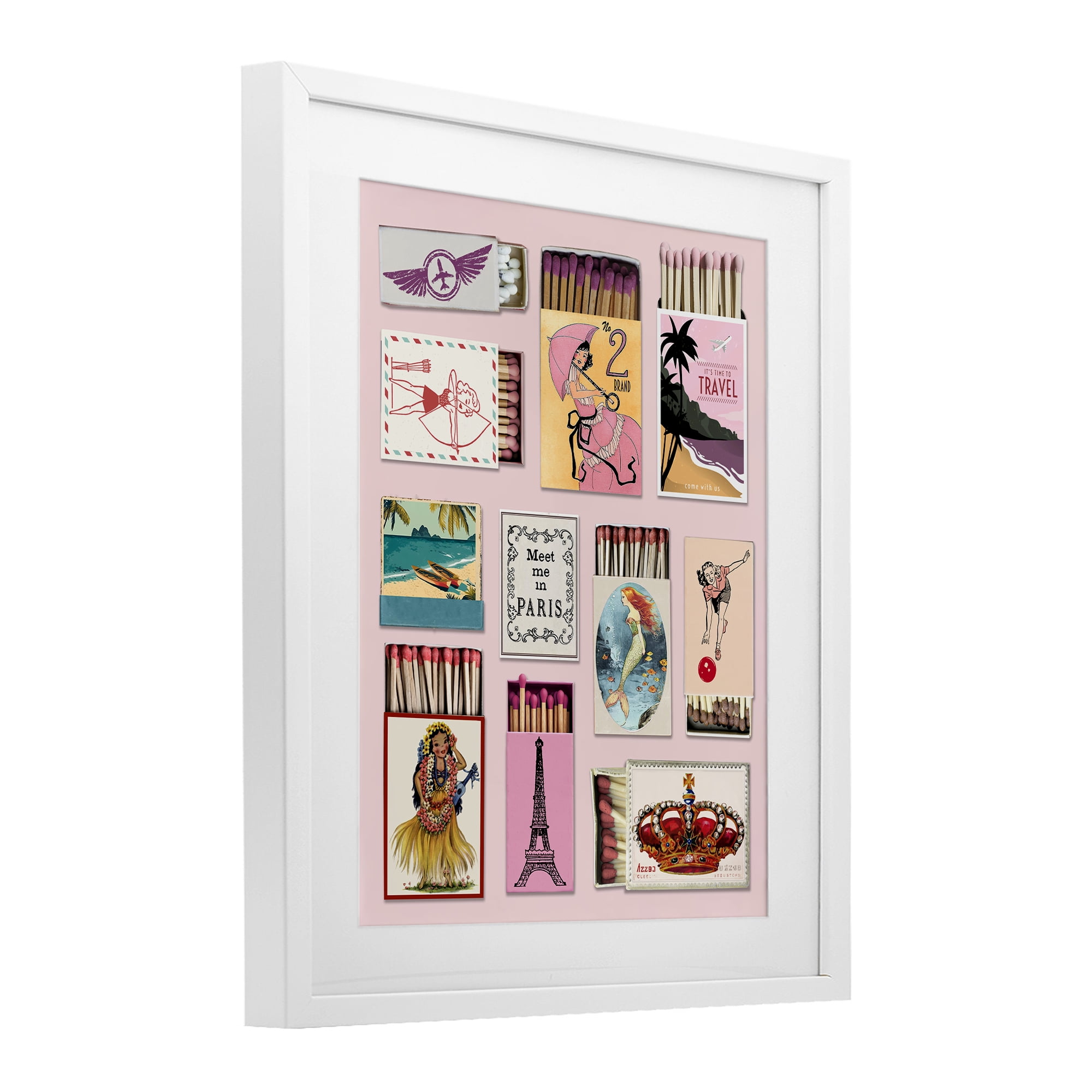 Stupell Industries Vintage Travel Matchbook Montage White Framed Print Under Glass, design by CAD Designs