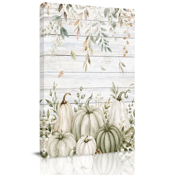 Canvas Wall Art, Sage Green Pumpkins Fall Framed Canvas Prints for Living Room Bedroom, Thanksgiving Weeping Botanical Wooden Extra Large Gallery Wrapped Wall Decor for Home Office, Gifts, 24"x36"