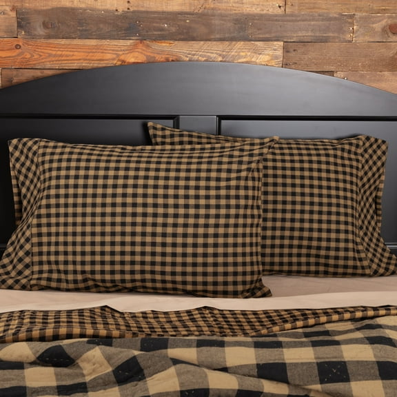 VHC Brands Black Check Standard Pillow Case Set of 2 21x30 Country Rustic Design, Black and Tan