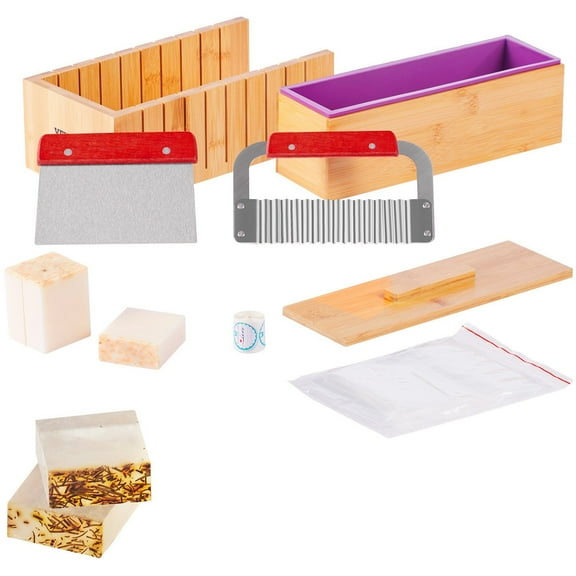 Soap Making Kit with Bamboo Cutting Box and Silicone Mold, Stainless Steel Straight & Wavy Cutters, 100 Bags and 105 Stickers, Complete DIY Soap Making Supplies for Adults and Beginners