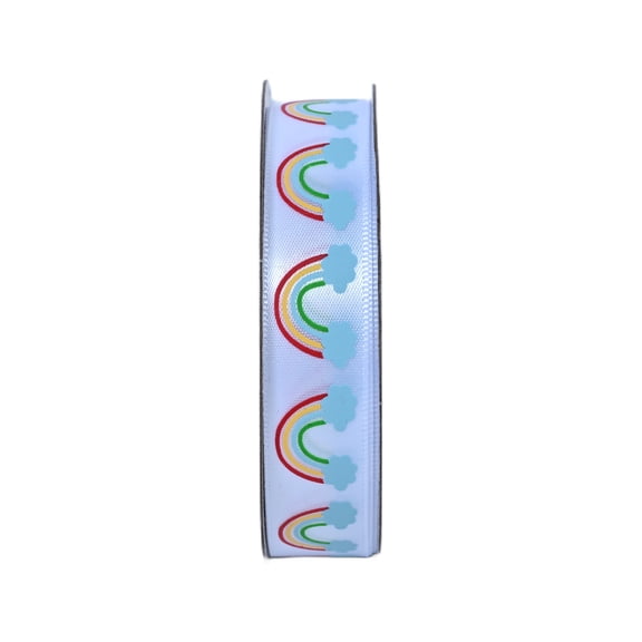 Hello Hobby. 5/8" Rainbows on White Satin Ribbon, 3 yards