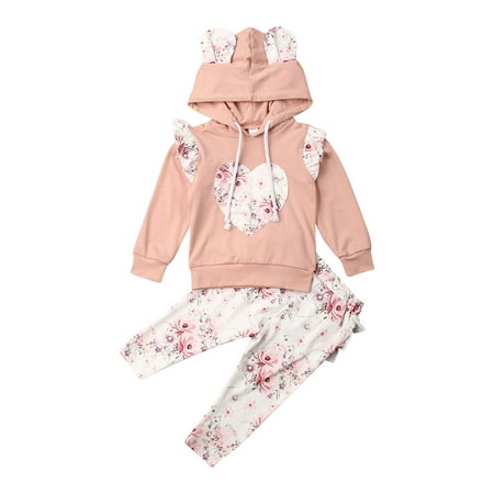 

TheFound 2PCS Newborn Baby Girls Hooded Tops Shirt Ruffle Pants Trousers Outfits Clothes