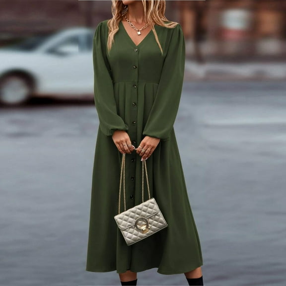 Women's Casual V Neck Long Shirt Dress Elegant Solid Color Long Sleeve Button High Waist Slim Fit Office Dresses 01-Army Green M
