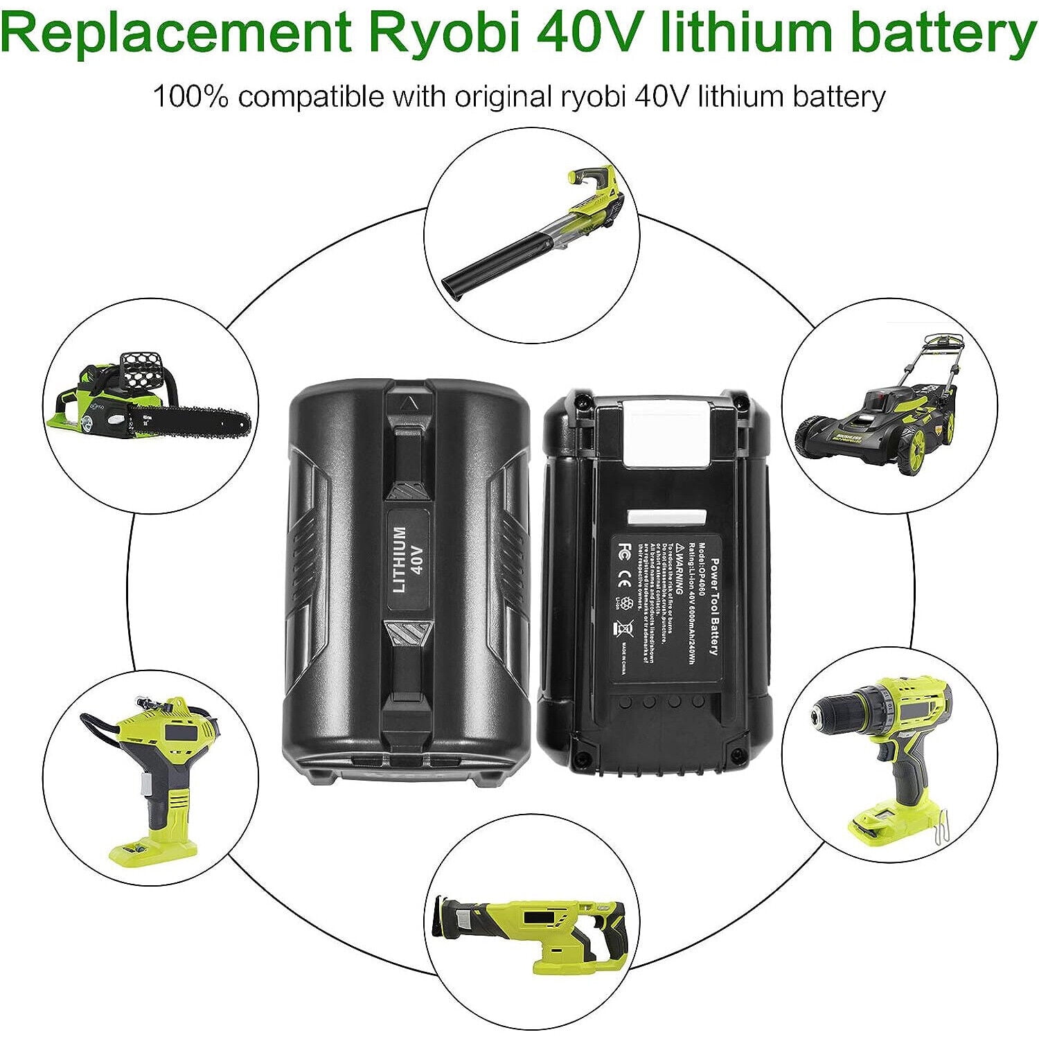 2Pack 8.0Ah Replacement for Ryobi 40V Battery OP4026 OP4030 OP4040 OP4050 OP4060 OP40602 OP4060A OP4075A