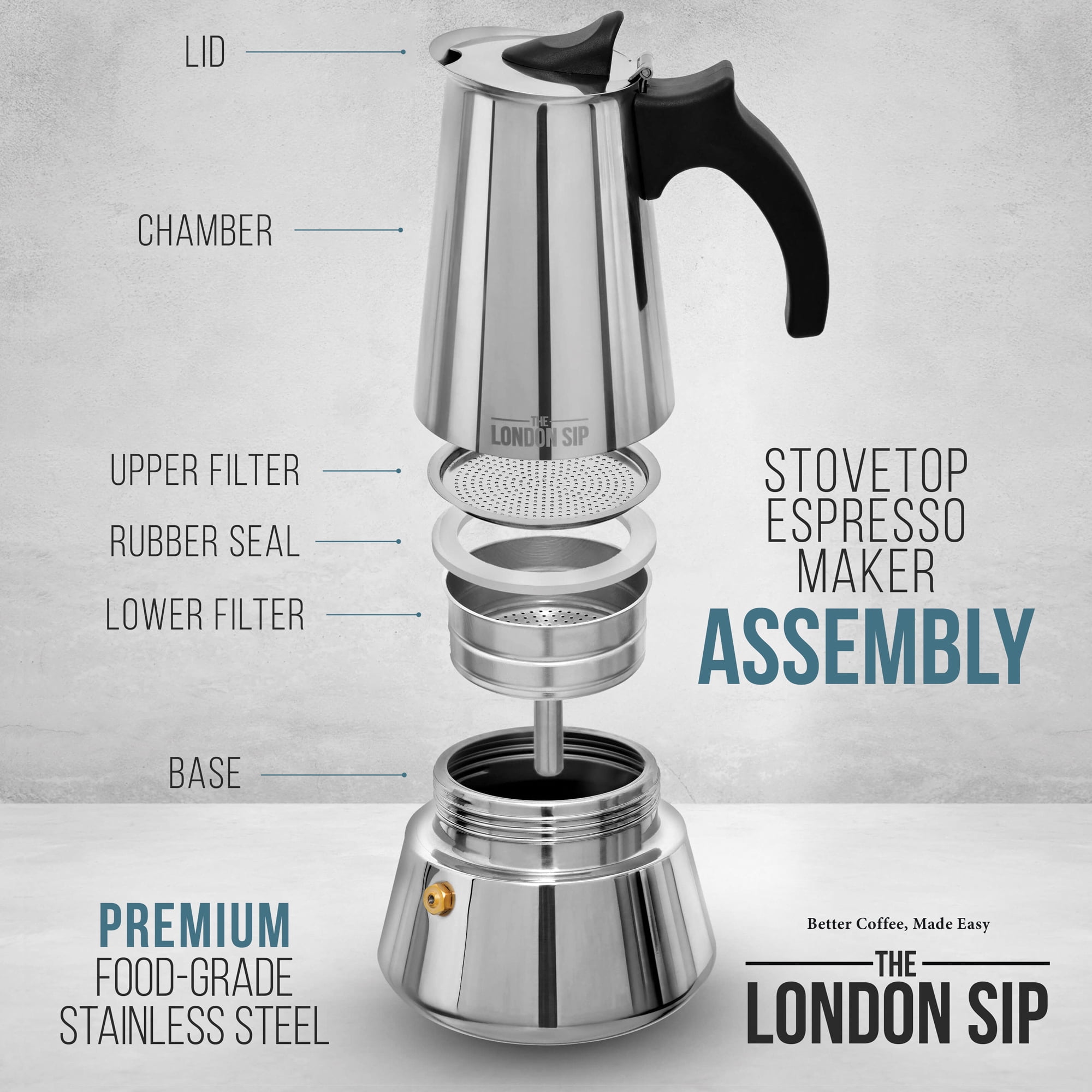 London Sip 10-Cup Stainless Steel Espresso Maker ,Silver