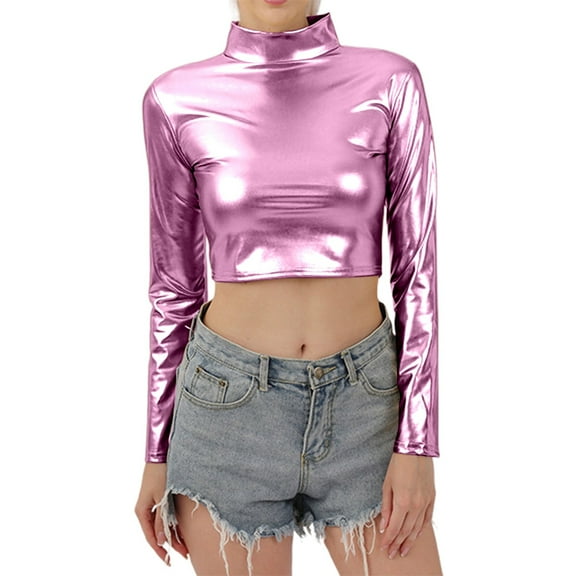 Women's Leather Long Sleeve Turtleneck Top Nightclub Performance Stage Wear Elegant Fitted Stretch Comfortable Fashion