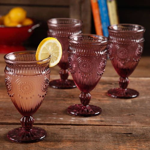 Pioneer Woman Clear Adeline Embossed 12-Ounce Footed Glass Goblets Set Lot of 4