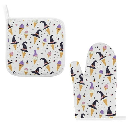 

ZZZHY Sweet Mini Witch Hats Ice Cream-1055 Oven Mitts and Pot Holders Sets Heat Resistant Oven Gloves Cute Kitchen Mitts for Oven 2-Piece Baking Gloves Set for Cooking Grilling Baking