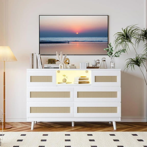 DSstyles 6 Drawer Dresser with LED Light & Charging Station – Spacious Wooden Chest, Deep Drawers, Versatile Storage for Bedroom, Nursery, Living Room, Closet – White