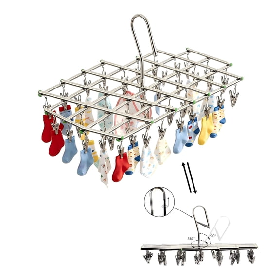 Stainless Steel Sock Drying Rack with 35 Clips, Space Saving Clothes Dryer Rack Hanger for Laundry, Rustproof Drip Dryer Pegs for Socks & Underwear