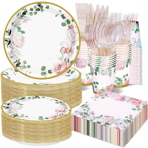 350 PCS Floral Plates and Napkins Party S  plies Serve 50 Flower Disposable Paper Dinnerware Sets for Adults Bridal Shower Decorations Baby Shower Birthday Wedding Engagement Tea