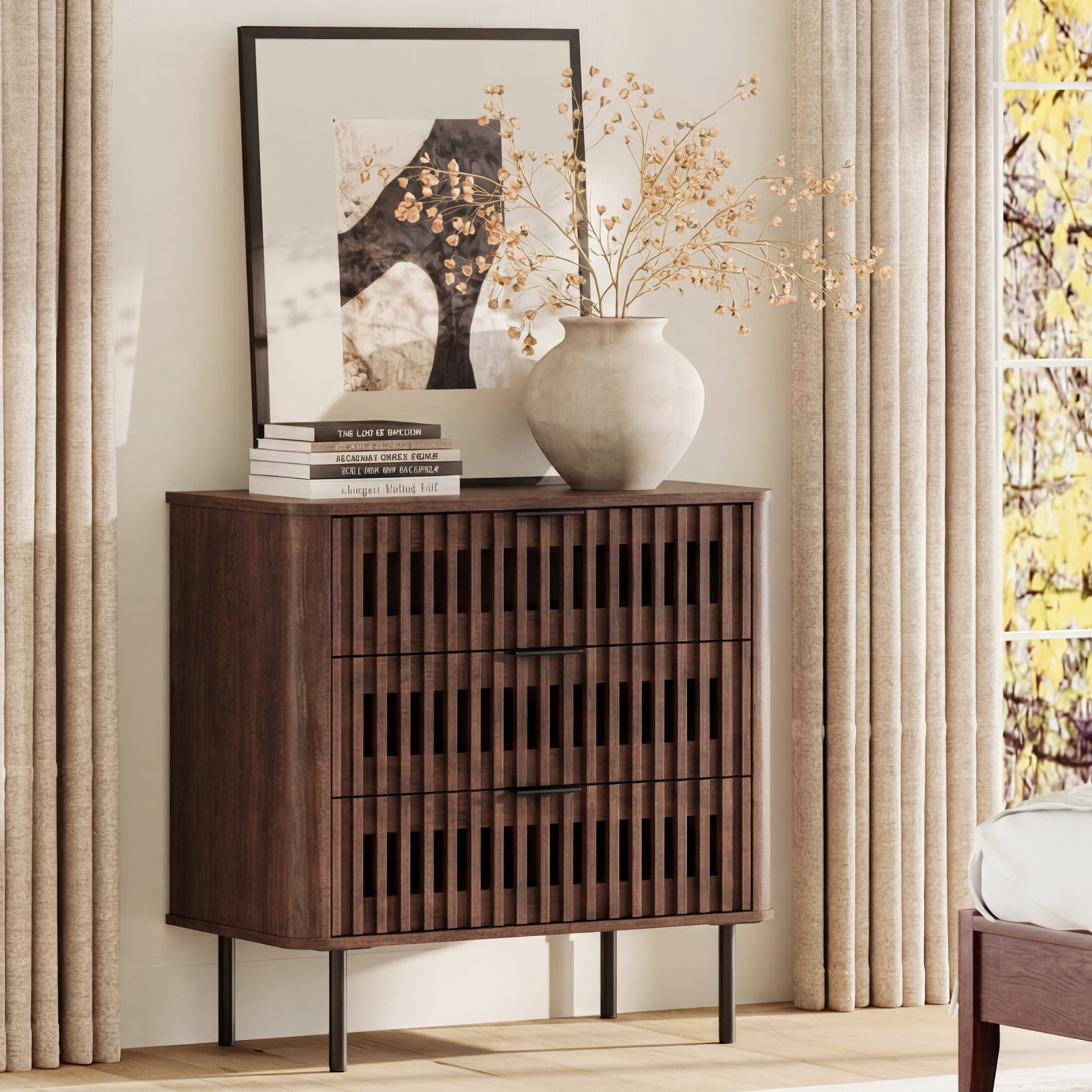 31.5"W Sideboard Buffet Cabinet with Storage, Fluted Kitchen Buffet Storage Cabinet with 3 Drawer, Large Coffee Bar Cabinet, Modern Buffet Table for Dining Living Room, Walnut