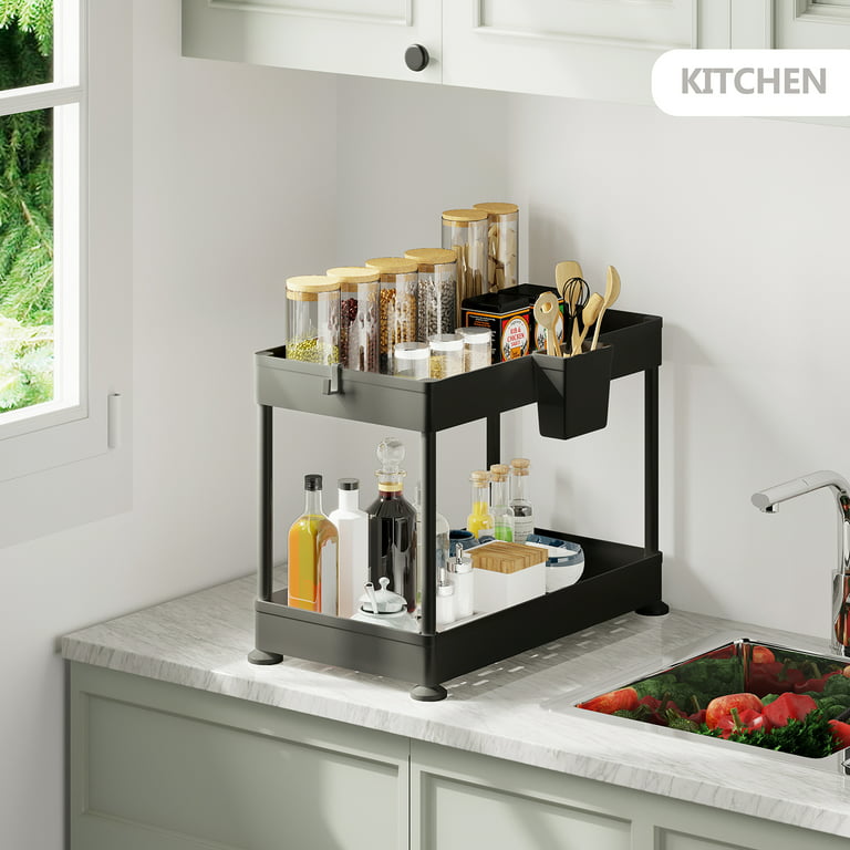 Riousery Under Sink Organizers and Storage 2 Tier Sliding Pull-Out Organizer for Bathroom Kitchen, Size: 14.4, Black