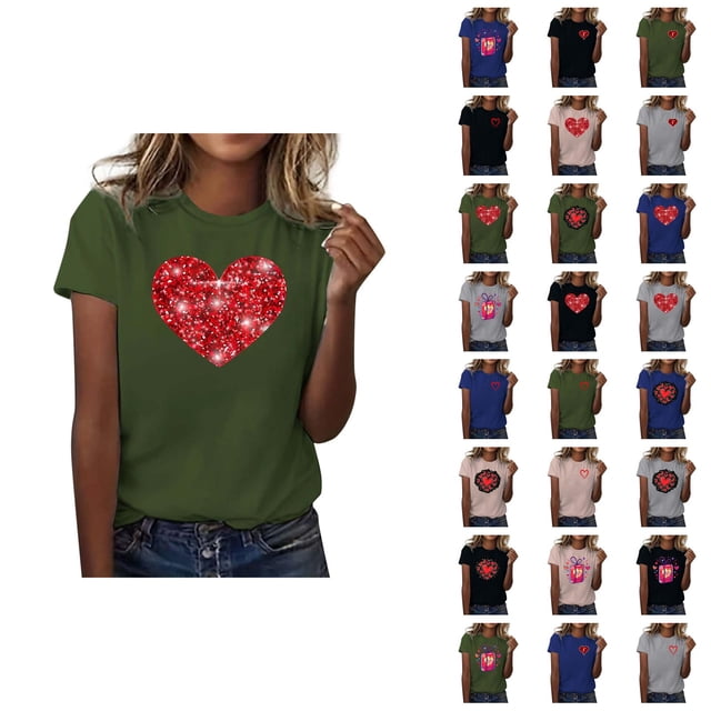 T-shirts de la Saint-Valentin pour Femmes 2026 Mode Manches Courtes Col Rond Cœur Graphique