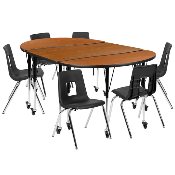 Flash Furniture Emmy Mobile 76" Oval Wave Flexible Laminate Activity Table Set with 18" Student Stack Chairs, Oak/Black