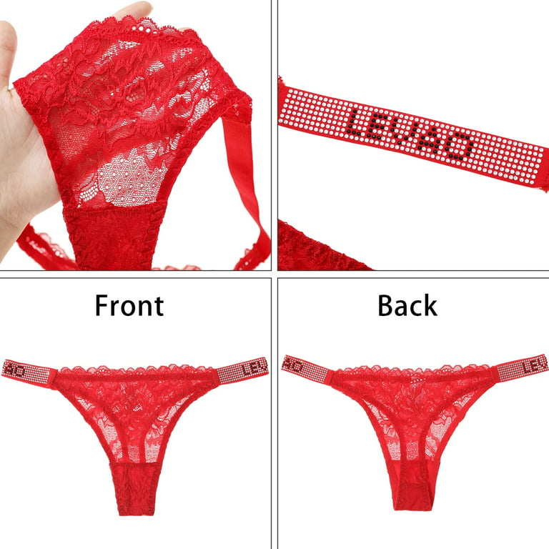 LEVAO Sexy Rhinestone Letter Thongs Lace Low Waist Panties G