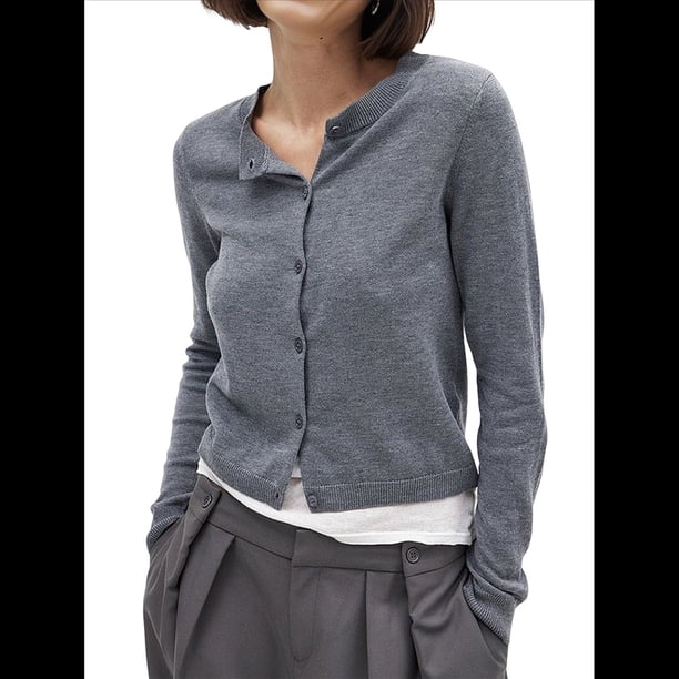 Cárdigan Corto para Mujer, Suéter de Punto de Larga con Botones para Vestidos y Jeans. Gris M